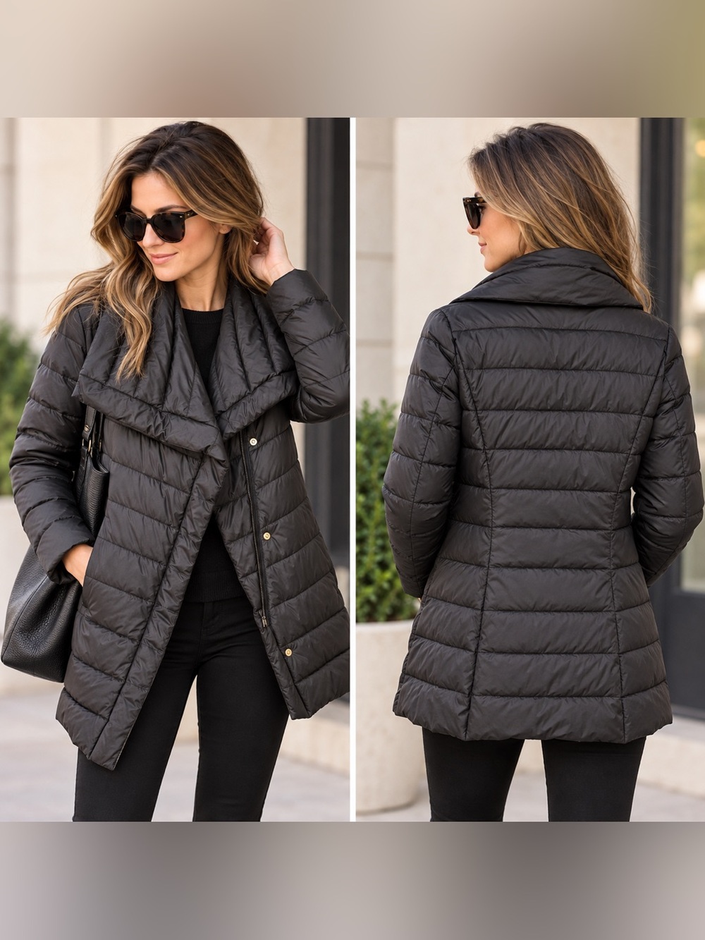 T Tahari Black Down Puffer Coat Oversized Shawl Collar Quilted S